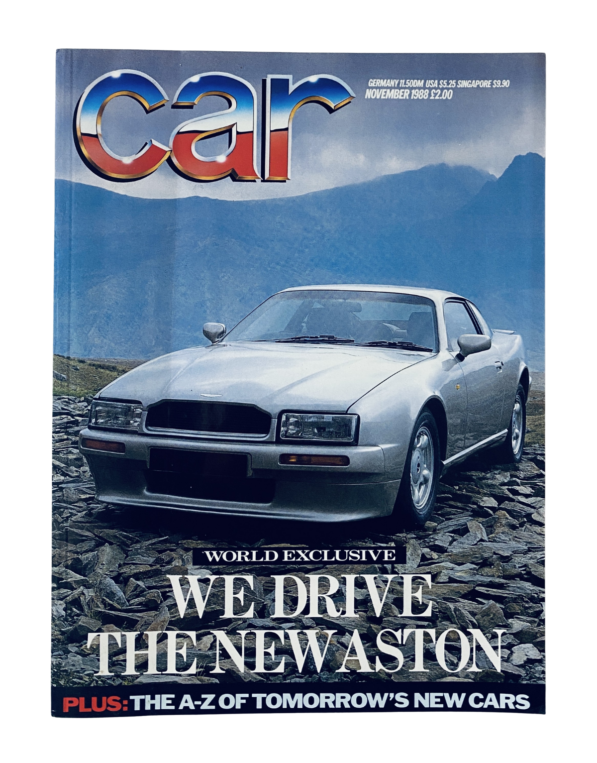 Car Magazine November 1988 cover featuring a silver Aston Virage with mountains in the background, highlighting the world exclusive feature: 'We Drive the New Aston'.