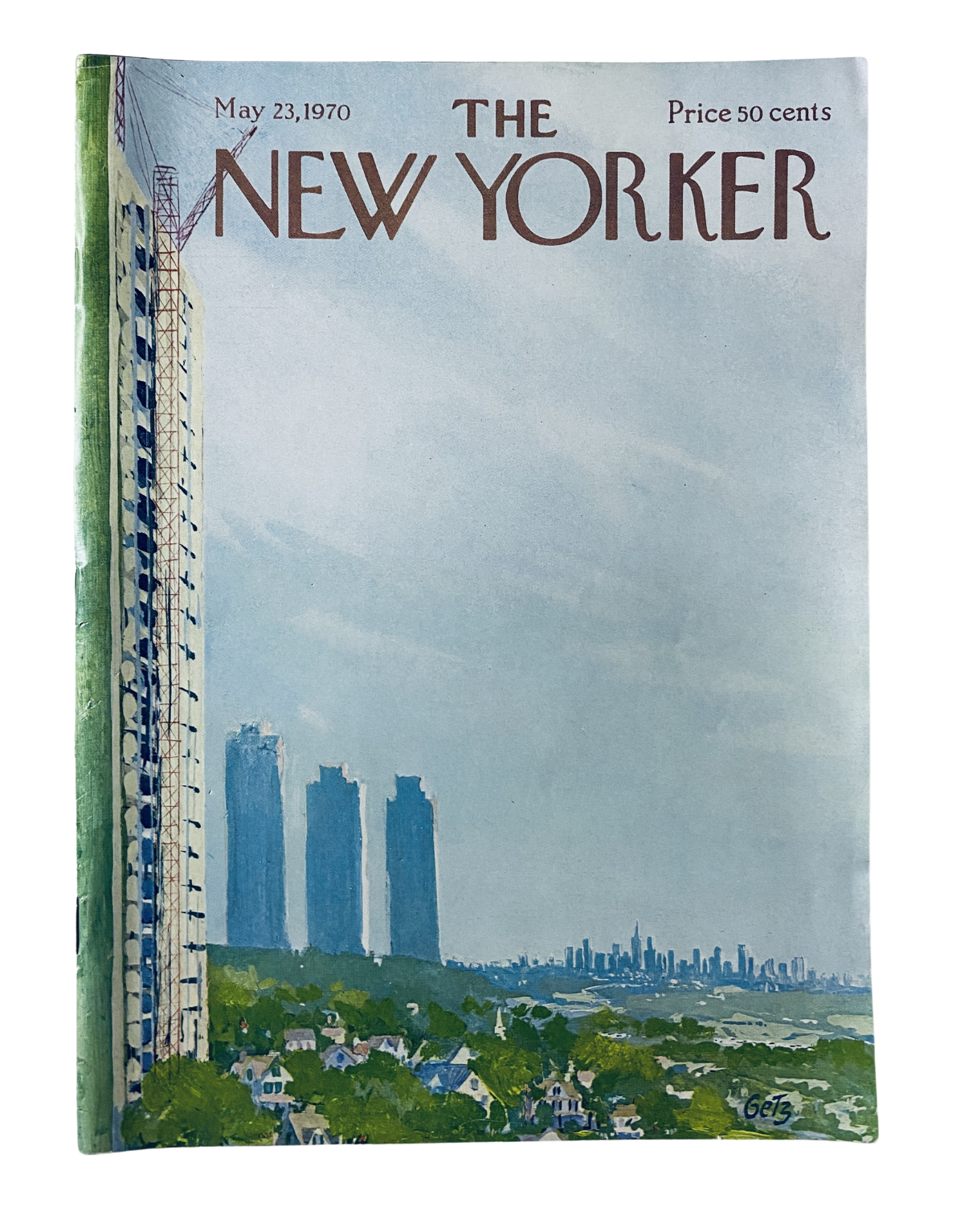 The New Yorker Magazine cover from May 23, 1970, featuring a city skyline construction scene by Arthur Getz. The illustration showcases tall buildings against a blue sky, capturing an iconic view of urban development.