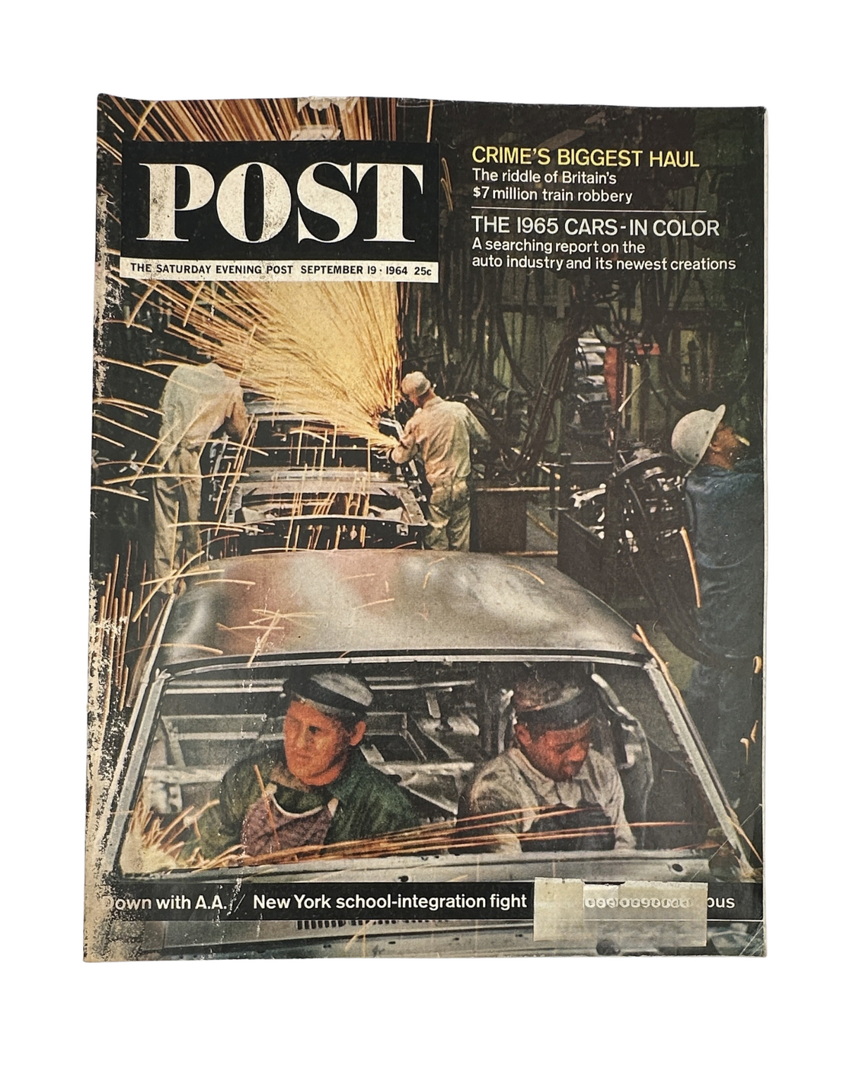 Cover of the Saturday Evening Post magazine dated September 19, 1964, featuring an article on the Great Train Robbery and a report on the 1965 cars. The cover highlights themes of crime and automotive innovation.