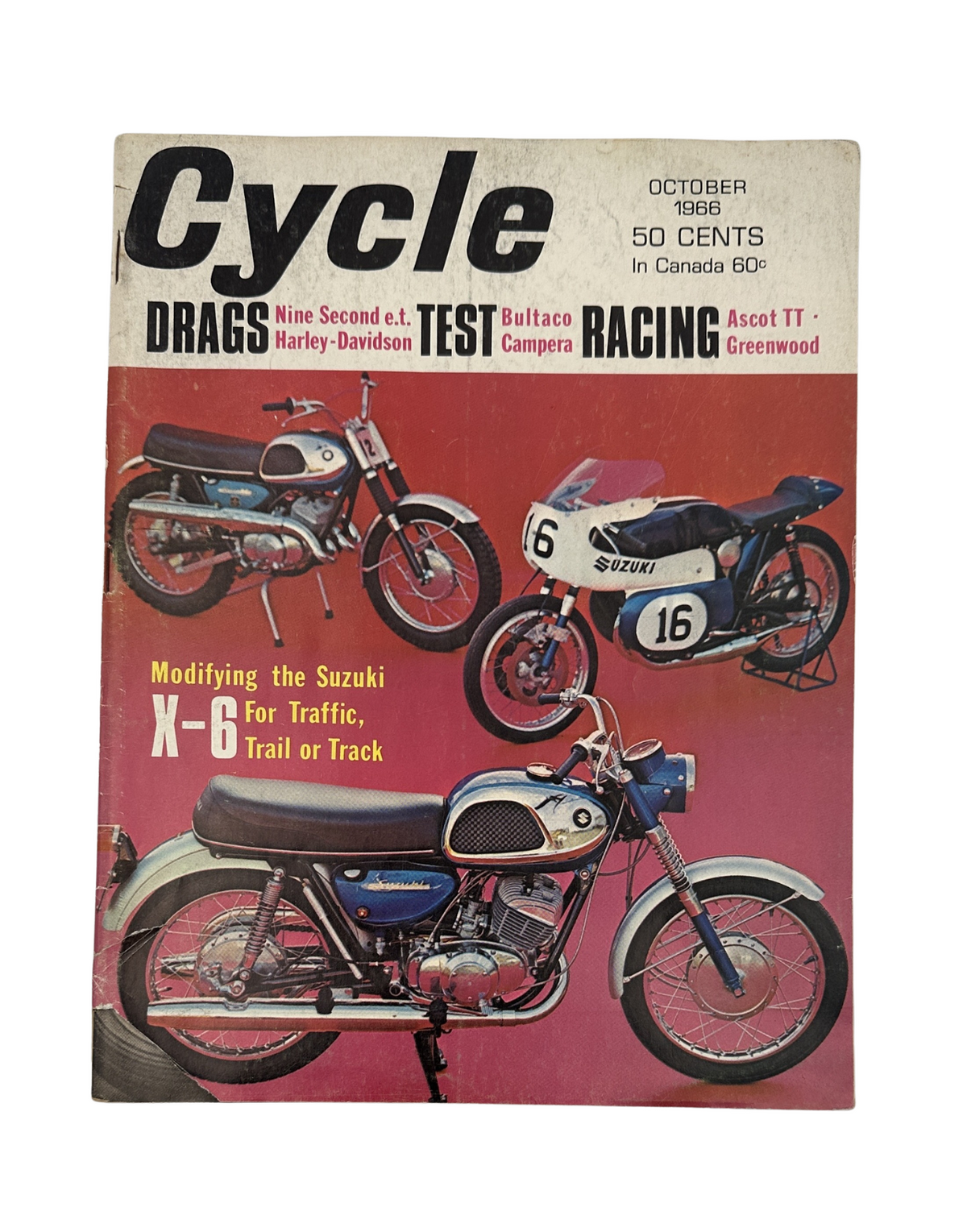 Cover of Cycle Magazine, October 1966 featuring Suzuki X-6, Bultaco Campera, and Harley-Davidson drag bike. Highlighting motorcycle racing and modifications.