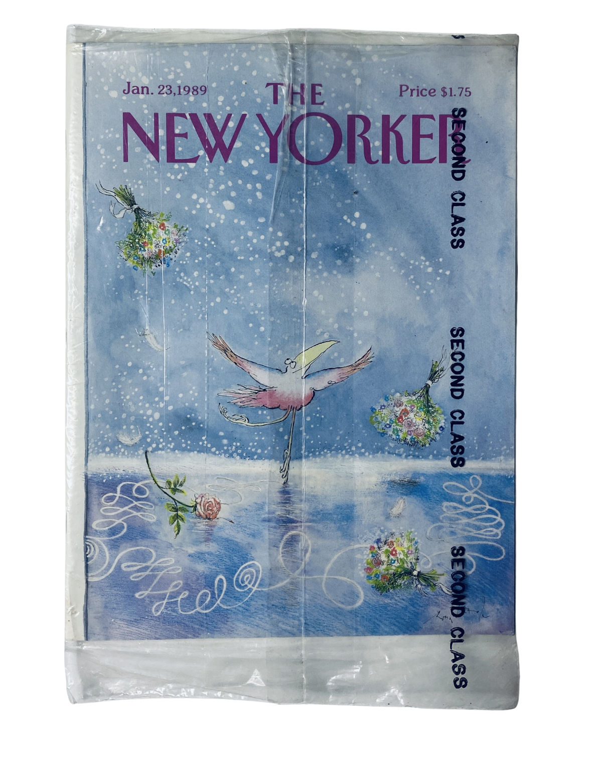 SEALED The New Yorker Magazine January 23, 1989 featuring a dancing bird illustrated on a snowy cover, showcasing vibrant artwork and pristine vintage condition.