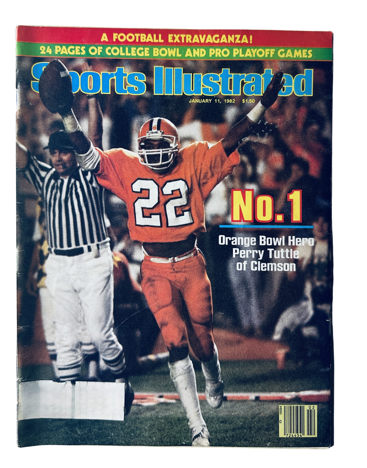 Sports Illustrated Magazine cover from January 11, 1982 featuring Perry Tuttle, No. 22 of Clemson, celebrating after the Orange Bowl victory.