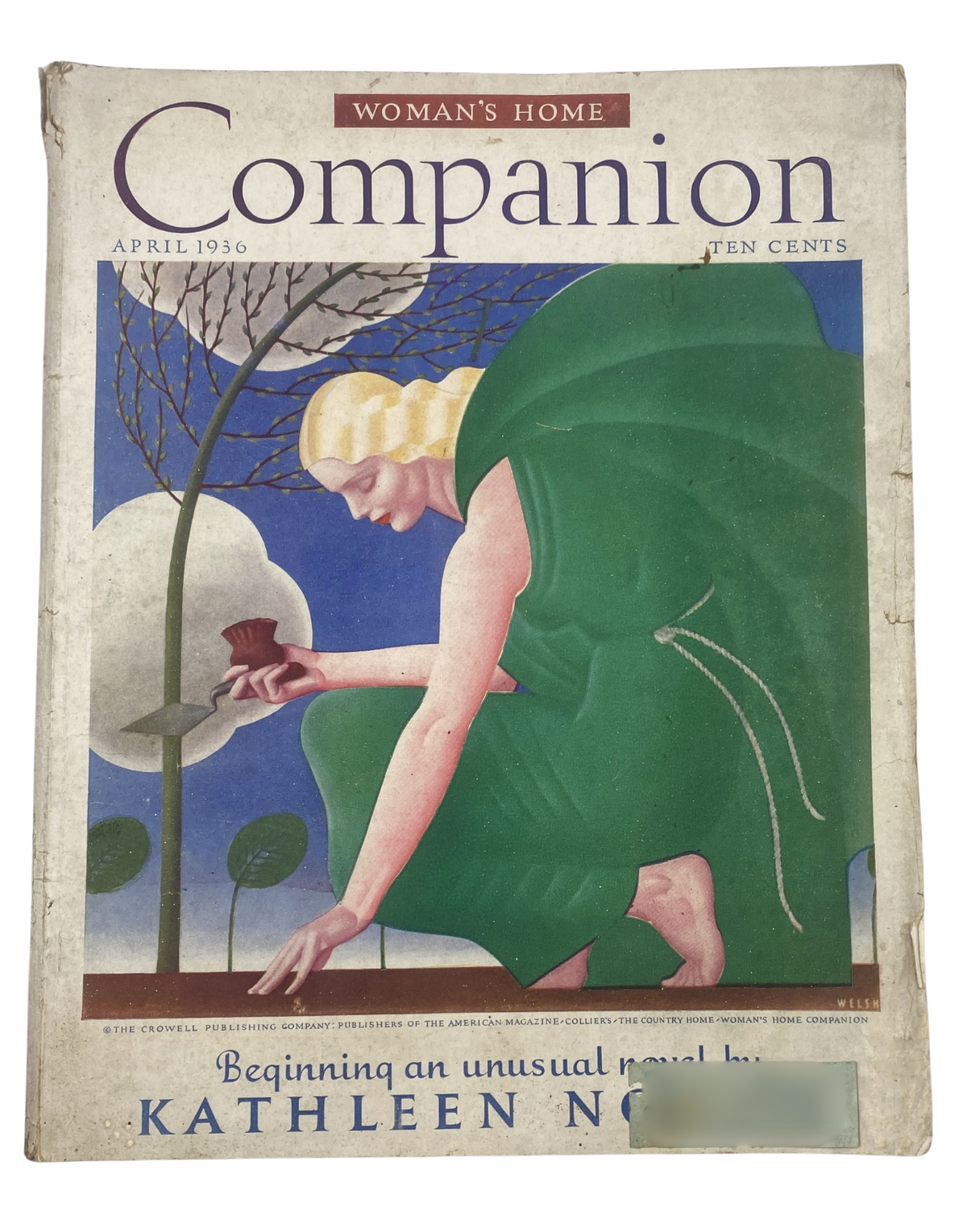Cover of Woman’s Home Companion Magazine April 1936 featuring a colorful illustration of a woman gardening, marking the beginning of a serial by Kathleen Norris.