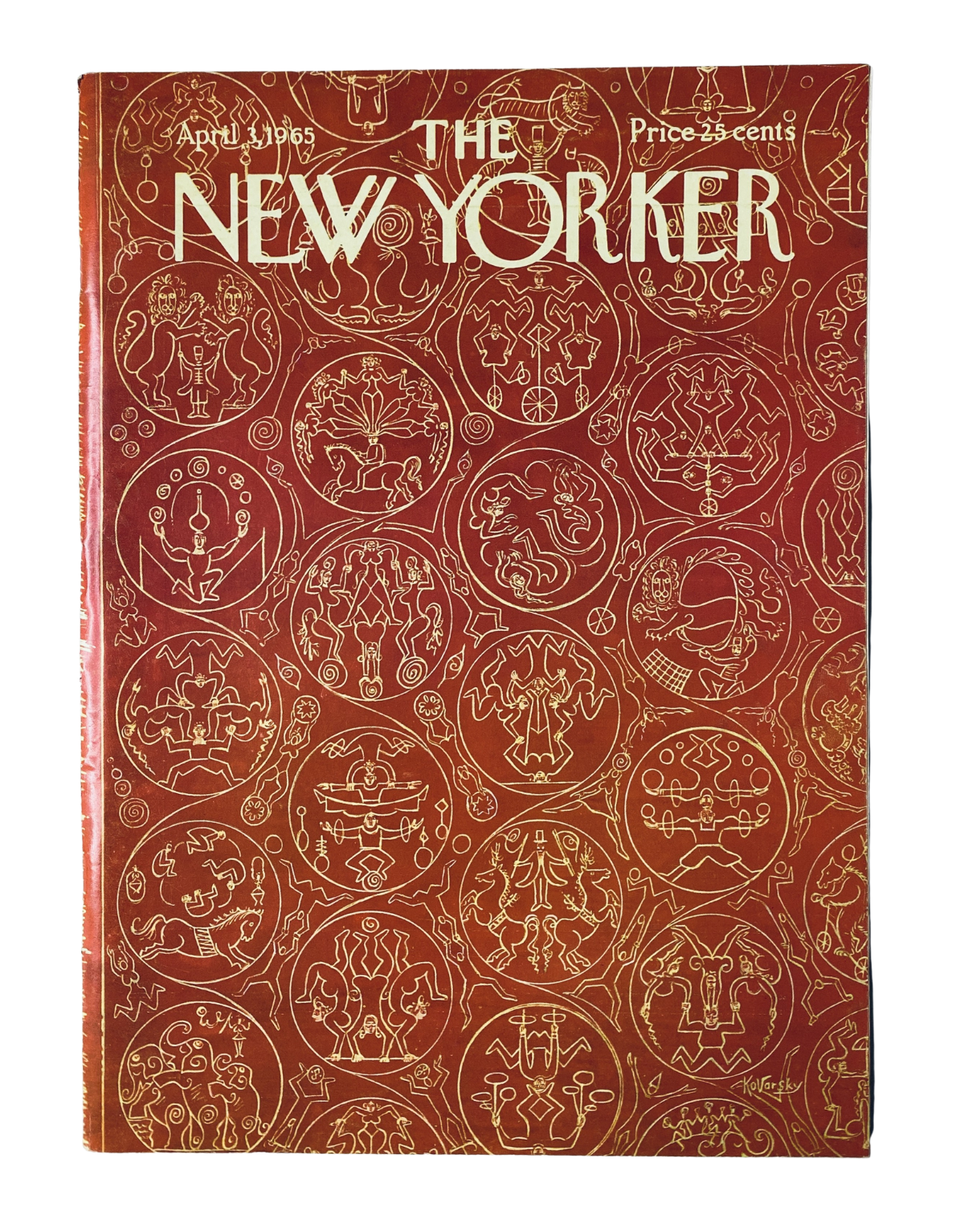 The New Yorker Magazine April 3, 1965 Zodiac Illustration Cover A. Kovarsky featuring intricate zodiac illustrations on a red background, showcasing vintage magazine design.