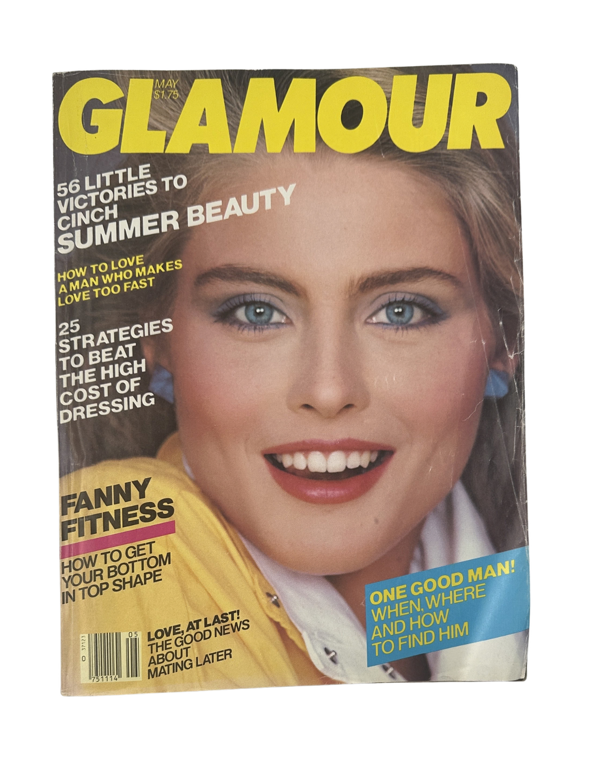 Glamour Magazine May 1983 cover featuring a model with a bright smile, highlighting articles about beauty, summer fashion, and fitness tips.