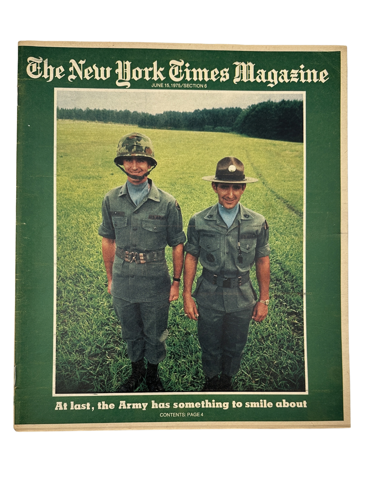 Cover of The New York Times Magazine June 15, 1975 featuring two young soldiers standing in a grassy field, emphasizing a positive outlook on Army life.