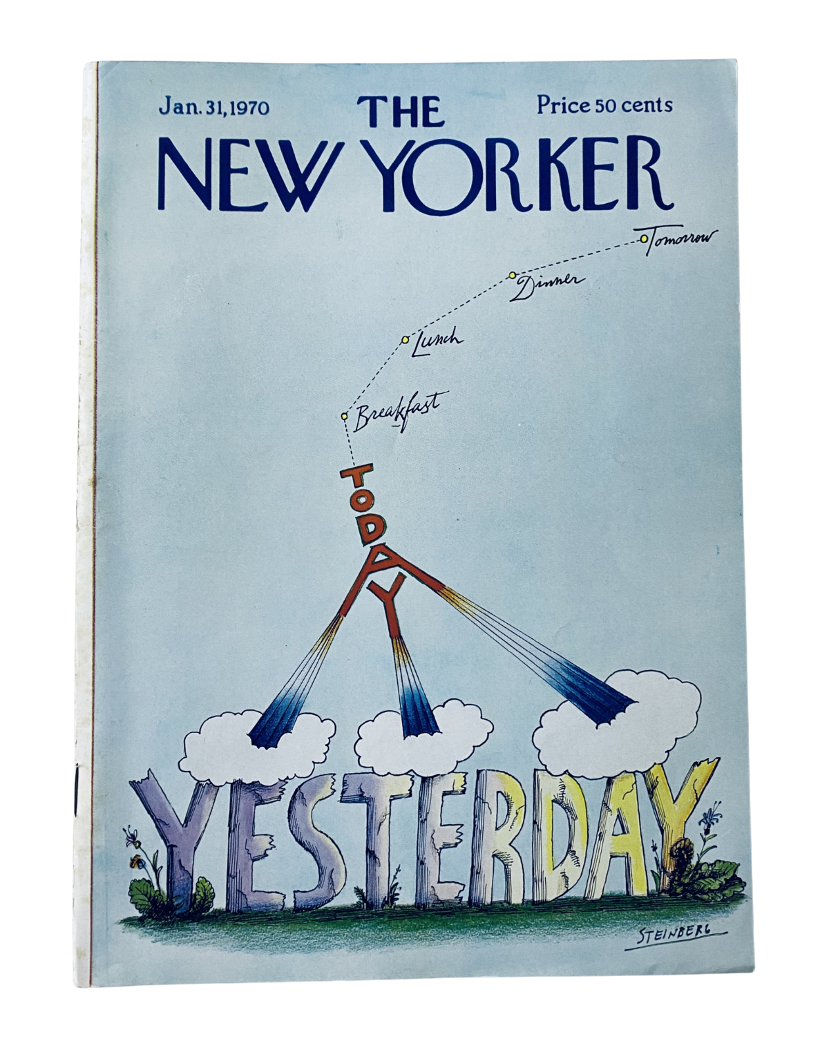 The New Yorker Magazine January 31, 1970 cover featuring Saul Steinberg's 'Yesterday' illustration displaying the words 'Today', 'Lunch', 'Dinner', and 'Tomorrow' above clouds in a colorful design.