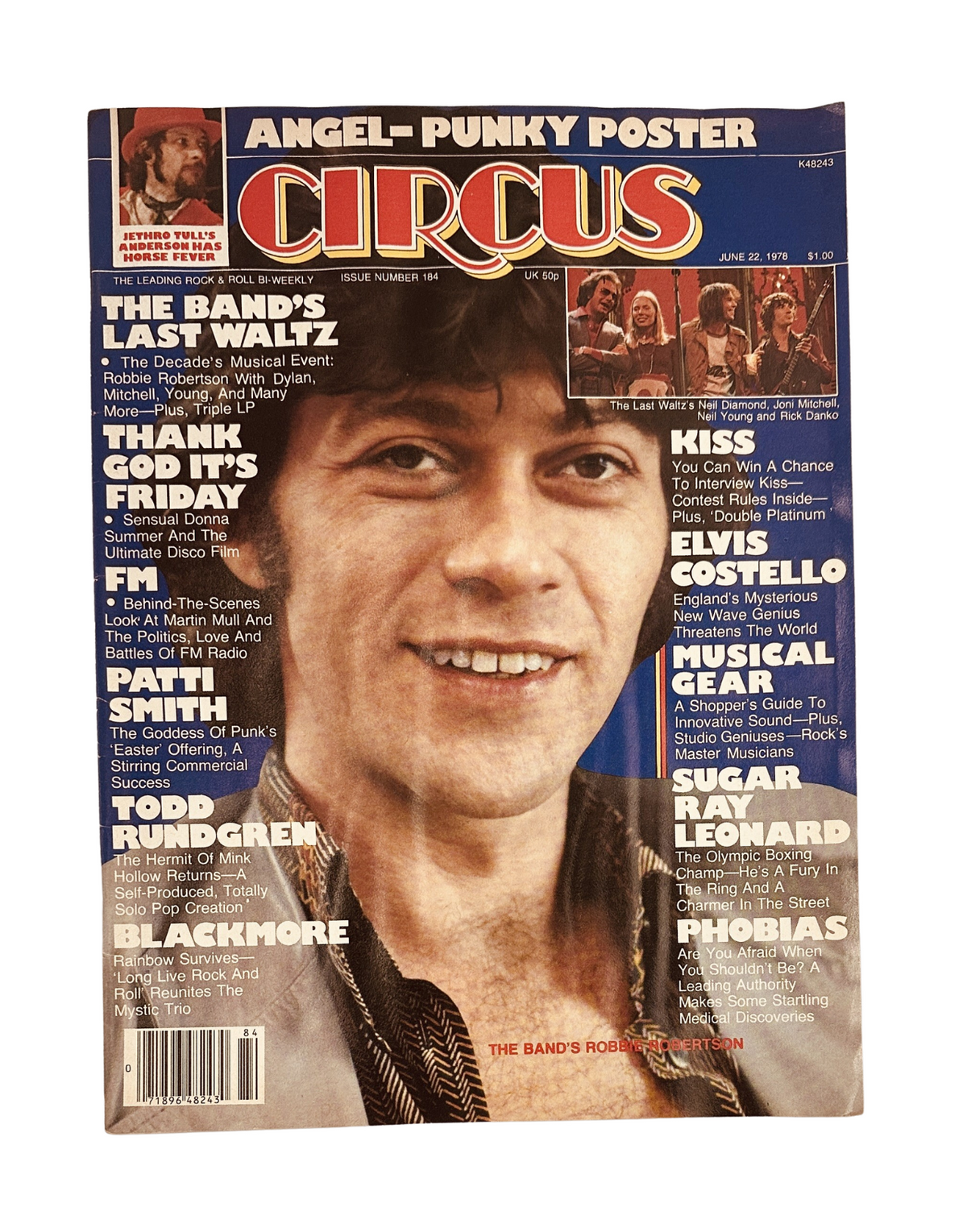 Cover of Circus Magazine from June 22, 1978 featuring Robbie Robertson, Kiss, and Elvis Costello. The magazine highlights the cover story about rock and roll soundtracks, with a prominent photo of Robbie Robertson.