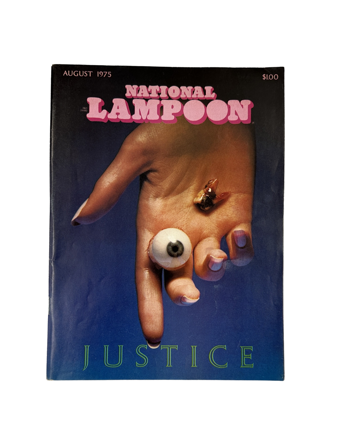 National Lampoon Magazine August 1975 cover featuring a hand holding an eye and a fly, showcasing humor and creativity.