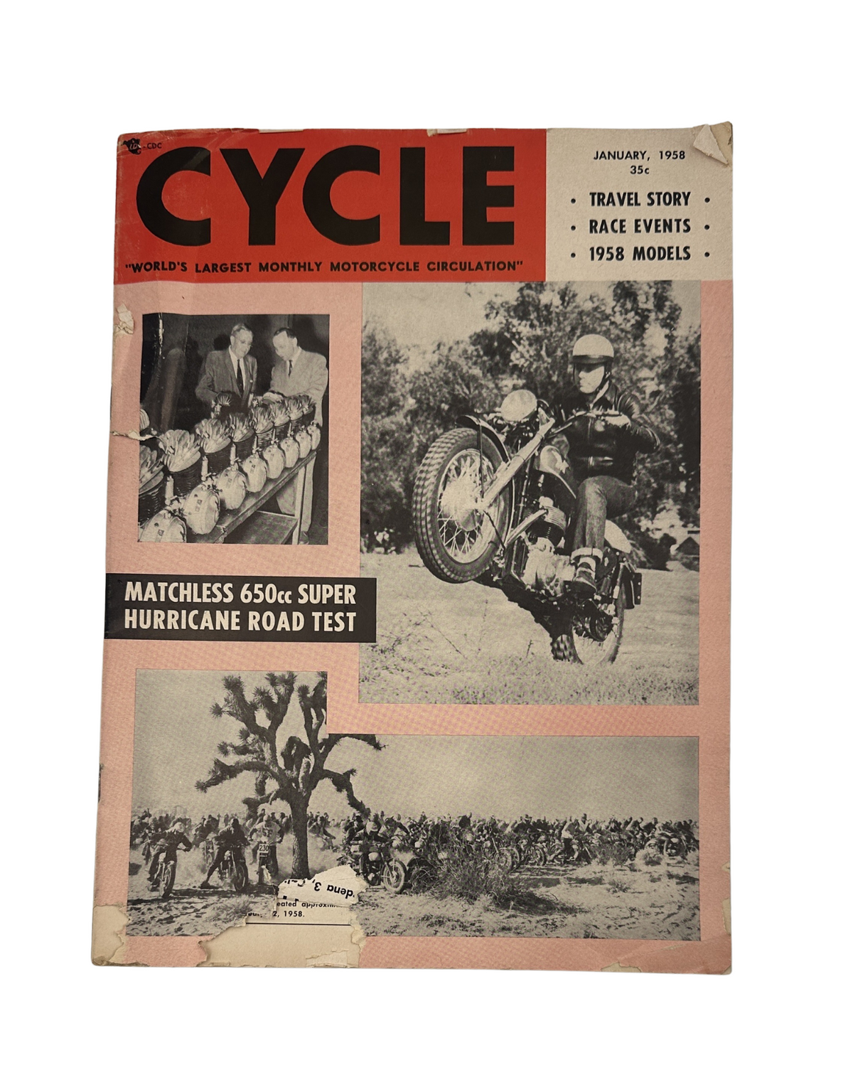 Cycle Magazine January 1958 featuring Matchless Scrambler. The cover shows a dynamic motorcycle scene with the Matchless 650cc Super Hurricane during a road test, alongside images from travel stories and race events of 1958. Ideal for collectors of vintage motorcycle publications.