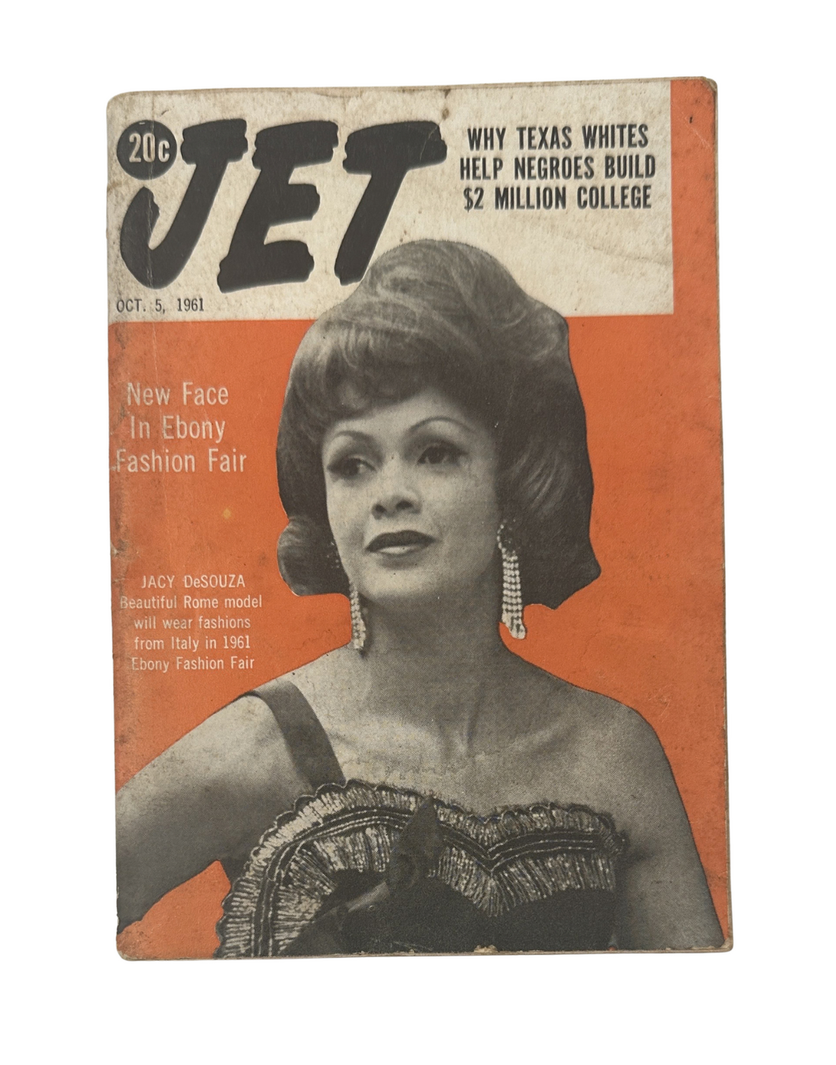 Jet Magazine cover from October 5, 1961 featuring Jacy DeSouza as the New Face in Ebony Fashion Fair, showcasing vibrant colors and fashion.
