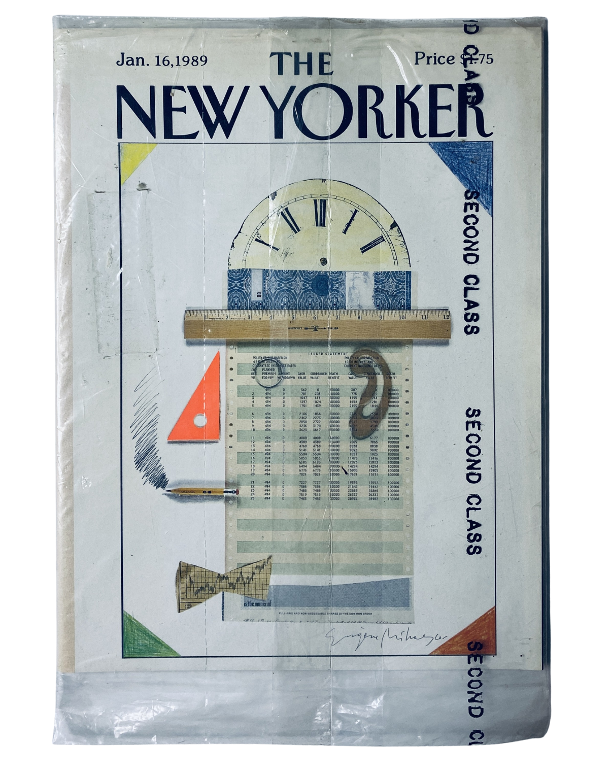 SEALED The New Yorker Magazine January 16, 1989 with Clock & Ruler Collage Cover, showcasing a unique artistic design and vintage appeal.