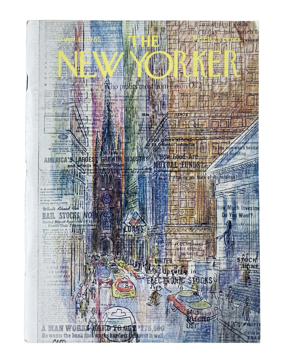 The New Yorker Magazine September 11, 1965 cover featuring a vibrant illustration of Wall Street finance with a bustling city scene.