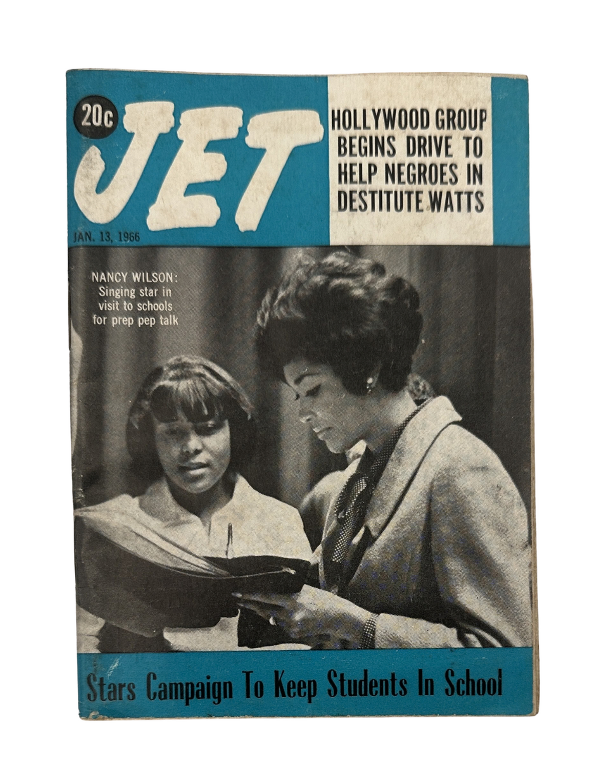 Jet Magazine January 13, 1966 featuring Nancy Wilson on the cover, highlighting the Hollywood group’s initiative to help Negroes in destitute Watts.