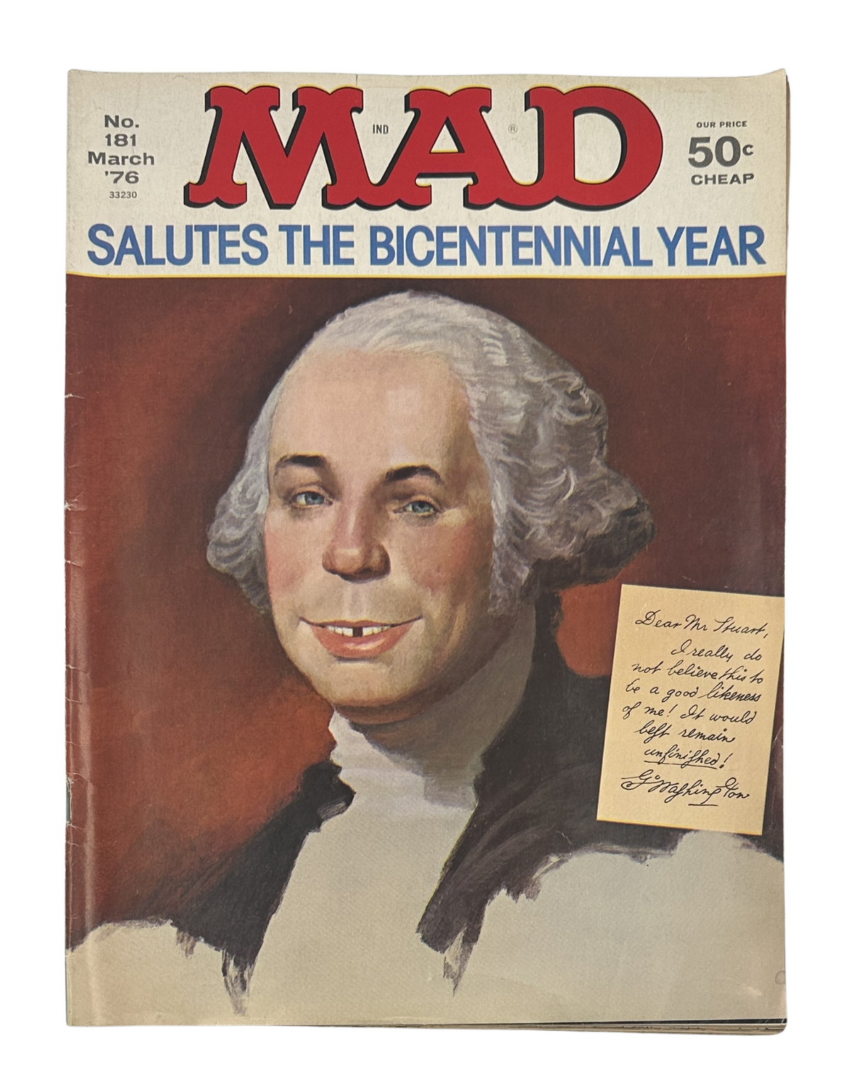 MAD Magazine No. 181 March 1976 cover featuring a humorous illustration of George Washington with a quirky smile, celebrating the Bicentennial year.