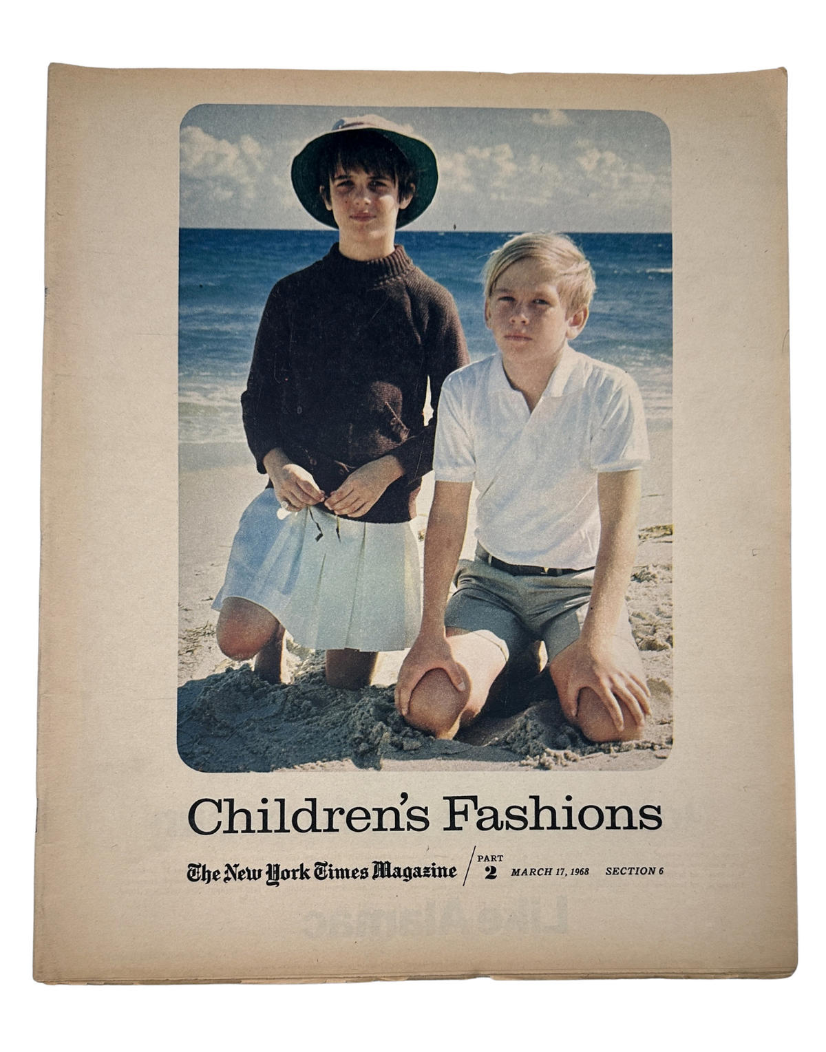 Cover of The New York Times Magazine March 17, 1968 Children's Fashions Issue featuring two children on the beach in stylish outfits.