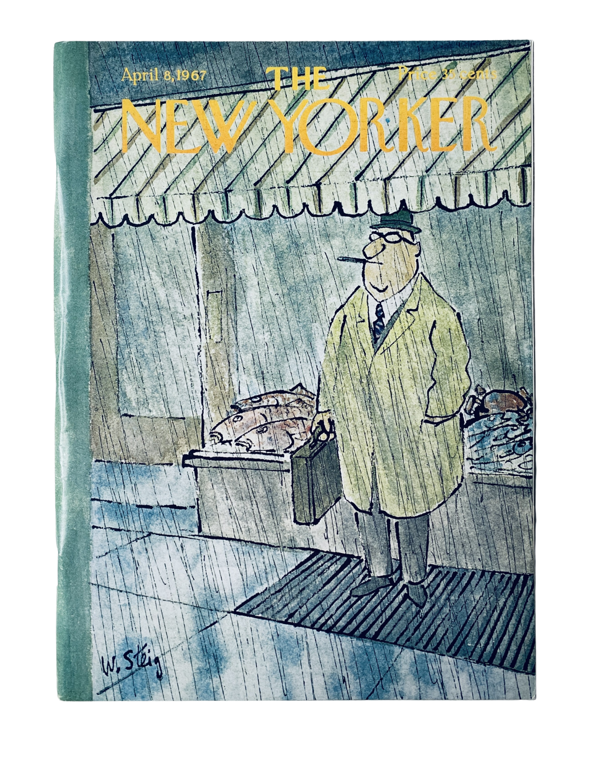 The New Yorker Magazine April 8, 1967 cover featuring a whimsical illustration by William Steig depicting a character in a raincoat on a rainy street, showcasing the magazine's vintage style.