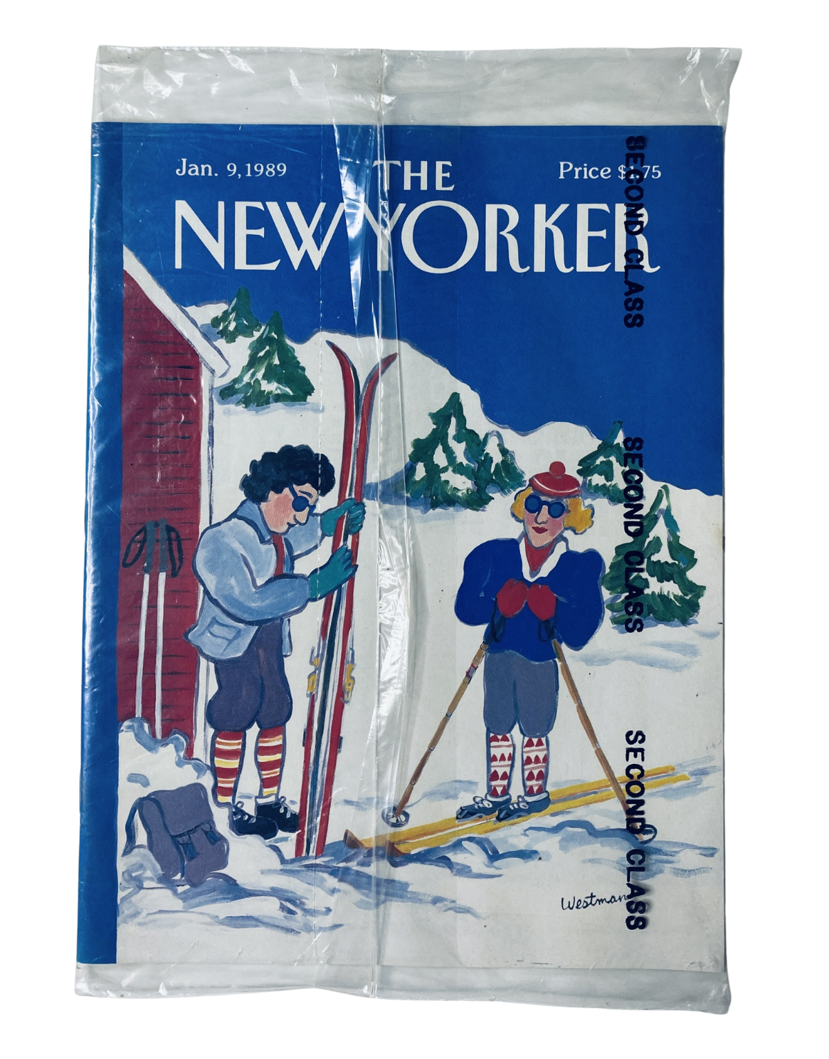 SEALED The New Yorker Magazine January 9, 1989 featuring a Winter Skiers cover illustration by B. Westman, showcasing skiers on a snowy landscape, factory-sealed condition, ideal for collectors.
