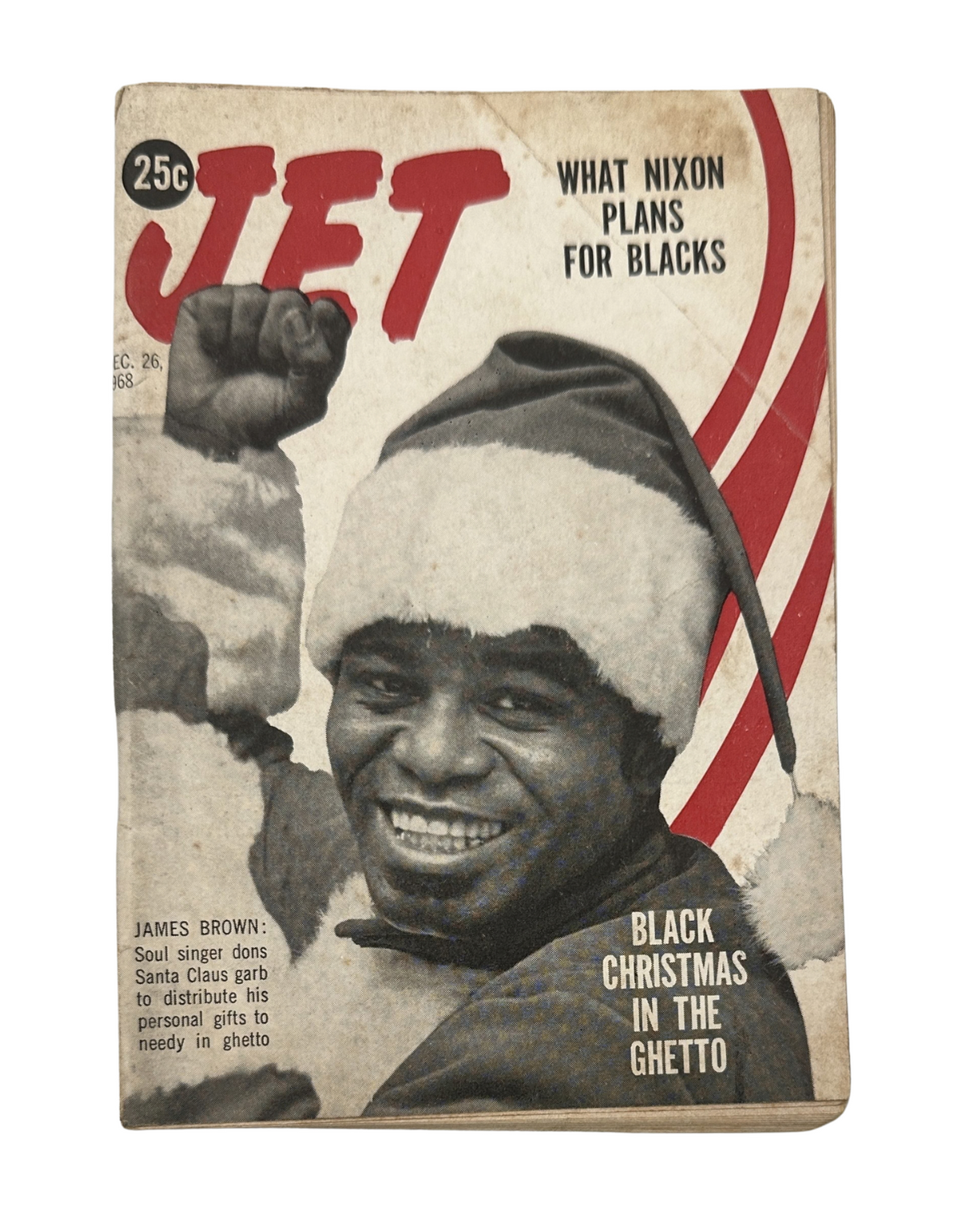 Jet Magazine cover from December 26, 1968 featuring James Brown in a Santa Claus outfit, discussing Nixon's plans for Black Christmas. This iconic image represents cultural themes and celebrations.