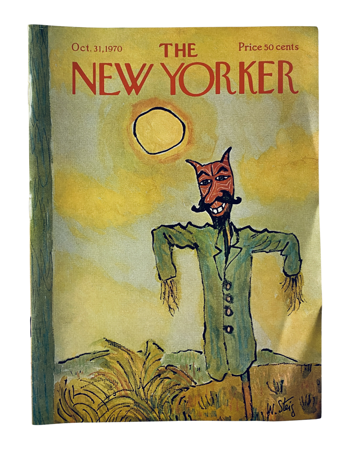 Cover of The New Yorker Magazine October 31, 1970, featuring a whimsical Halloween illustration by William Steig, depicting a scarecrow in a suit under the sun.