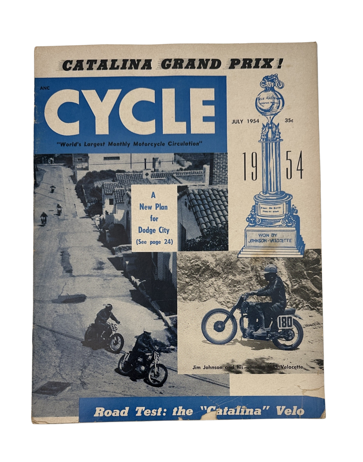 Cycle Magazine July 1954 featuring the Catalina Grand Prix with a cover showcasing motorcycles in Dodge City, Velocette brand and vintage imagery.