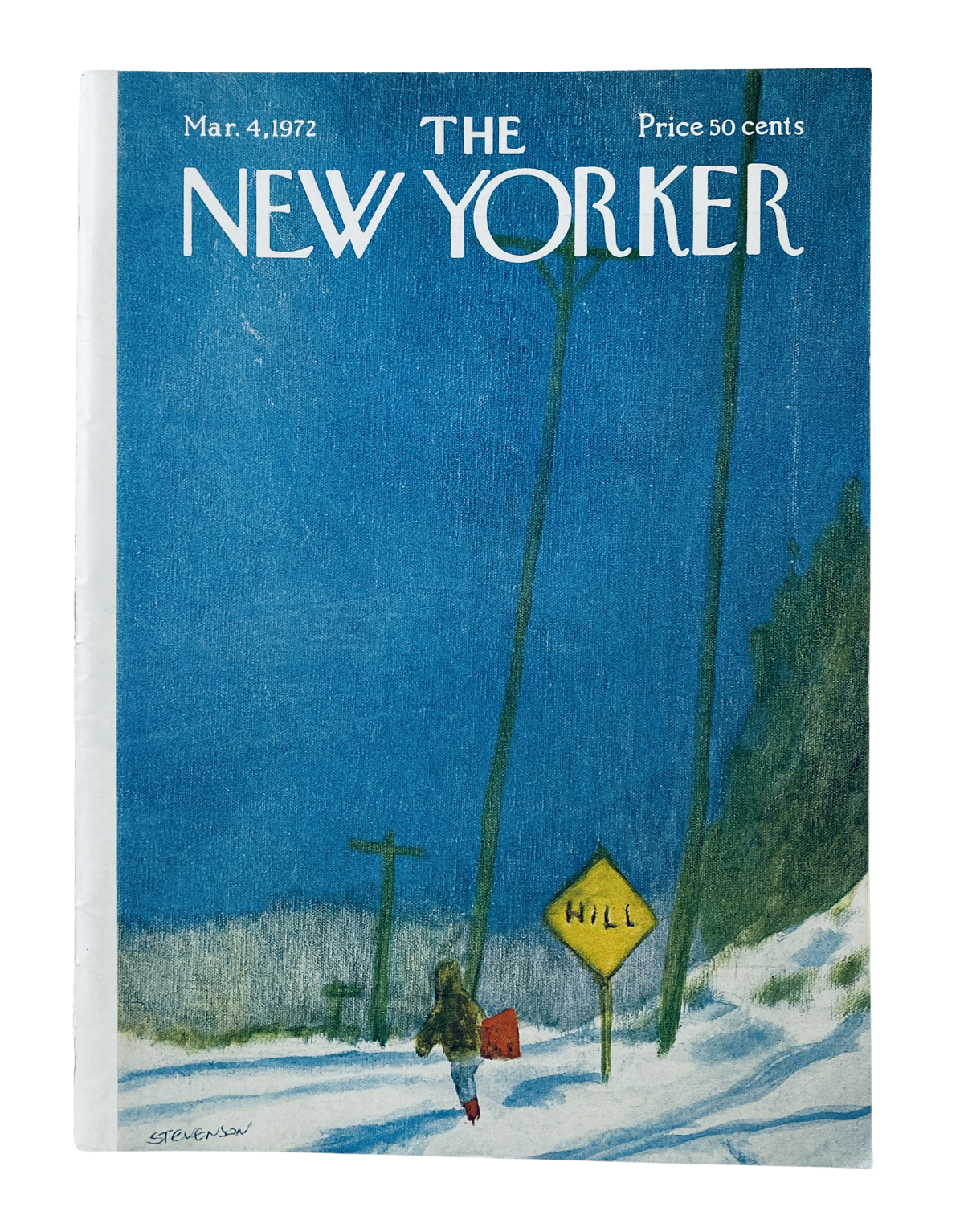 Cover of The New Yorker Magazine from March 4, 1972, featuring an illustration titled 'Snowy Hill Road' by James Stevenson, depicting a serene winter scene with a figure walking down a snowy path toward a signpost.