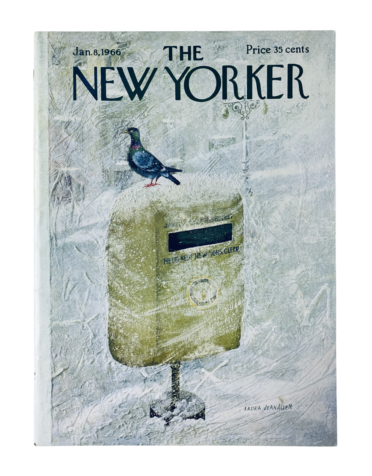 The New Yorker Magazine cover from January 8, 1966, featuring a pigeon on a mailbox, illustrated by Laura Jean Allen. This vintage magazine is priced at 35 cents.