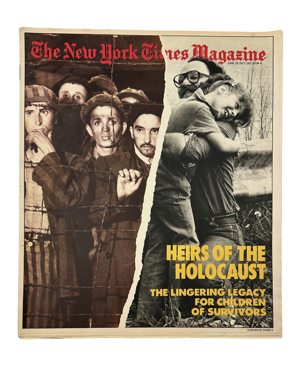 Cover of The New York Times Magazine from June 19, 1977, titled 'Heirs of the Holocaust,' featuring powerful imagery of Holocaust survivors and children of survivors, highlighting their emotional experiences and legacy.