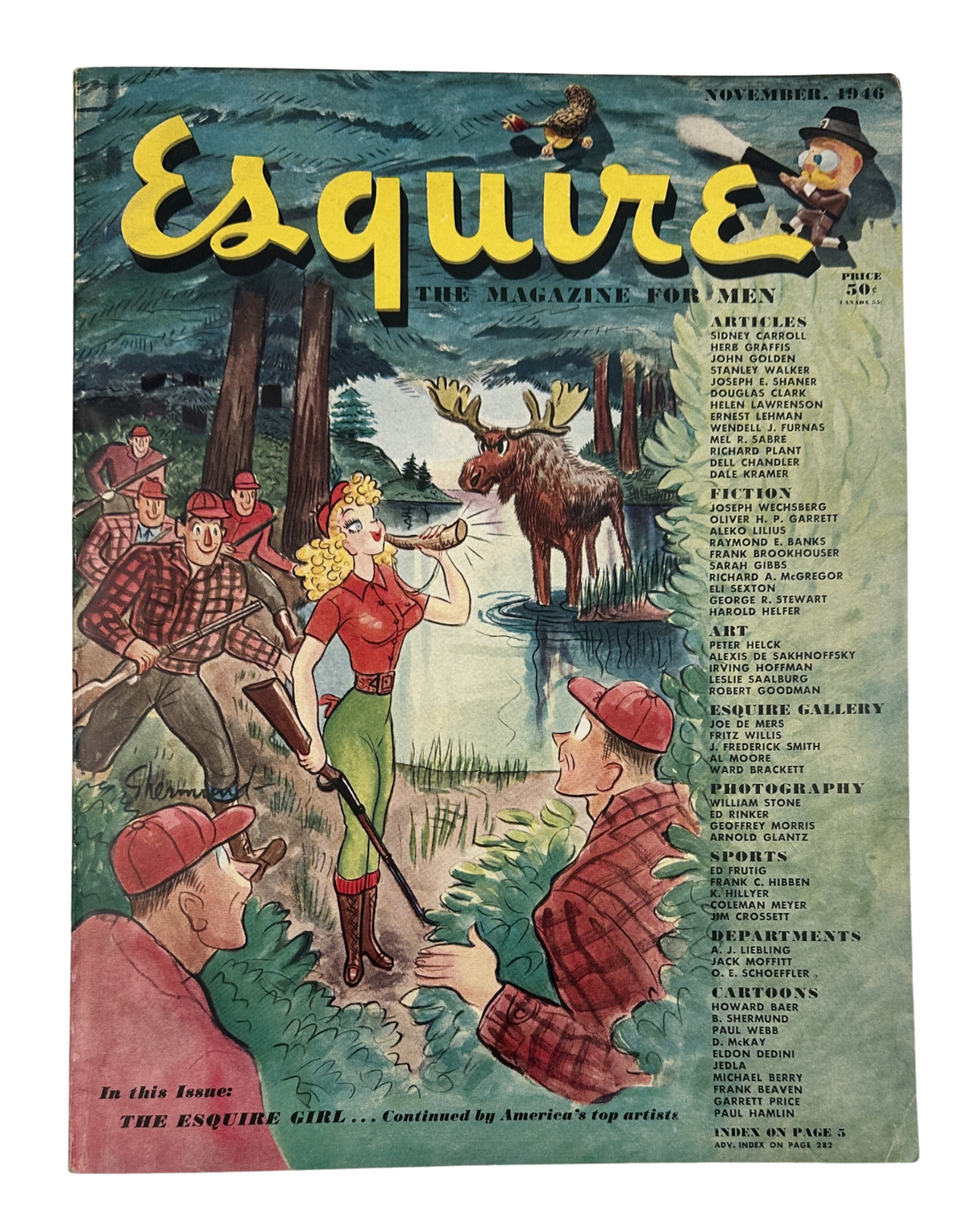 Cover of Esquire Magazine, November 1946 featuring a colorful illustration of a woman singing with men in plaid shirts and a moose in the background, highlighting articles on various topics.
