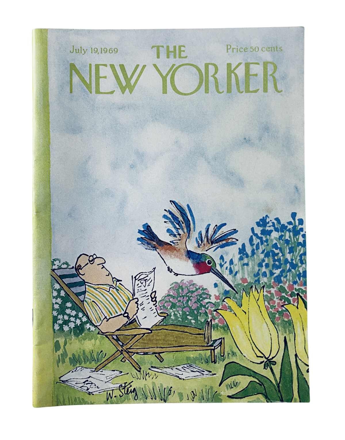 The New Yorker Magazine July 19, 1969 cover featuring a whimsical illustration by W. Steig, depicting a man reading a newspaper while a colorful hummingbird hovers nearby in a garden setting.