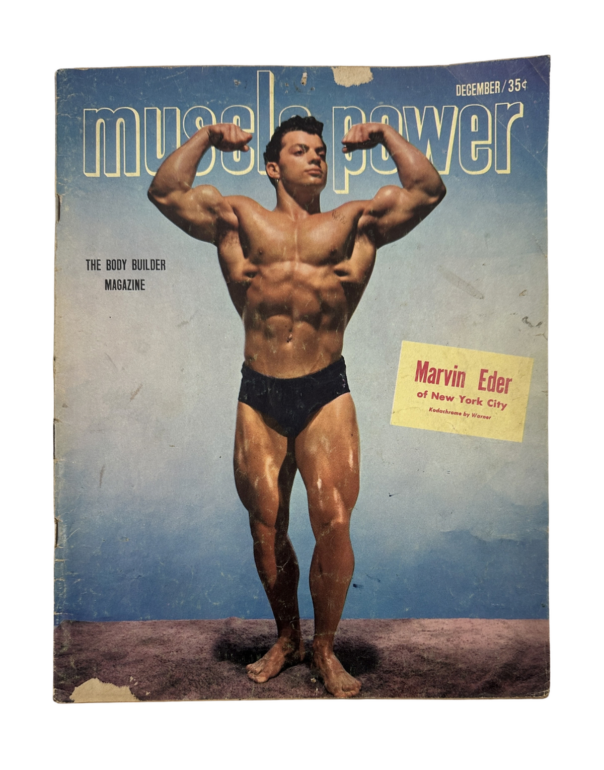 Cover of Muscle Power Magazine December 1951 featuring Marvin Eder, showcasing a muscular male figure posing. Highlights include the title 'Muscle Power', 'The Body Builder Magazine', and a promotional box for Marvin Eder from New York City.
