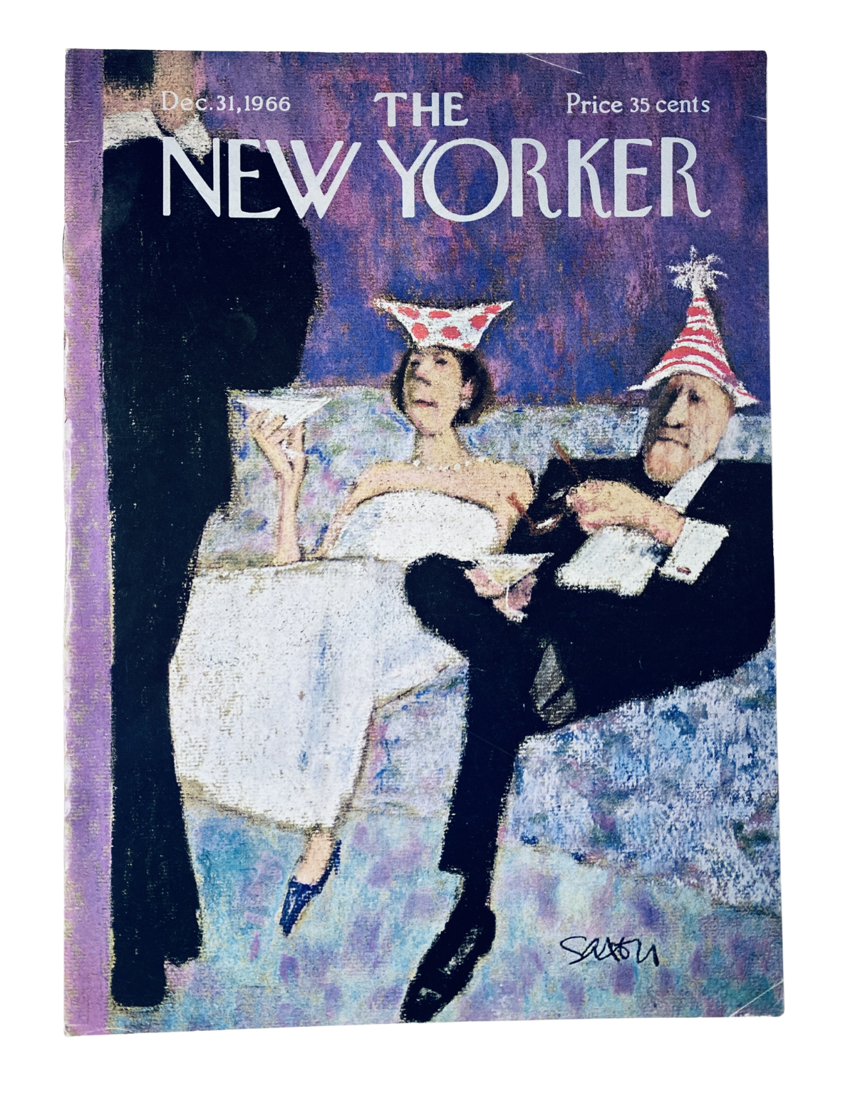 The New Yorker Magazine December 31, 1966 New Year’s Eve Party Cover, featuring a colorful illustration of a couple in festive hats, embodying the spirit of celebration.