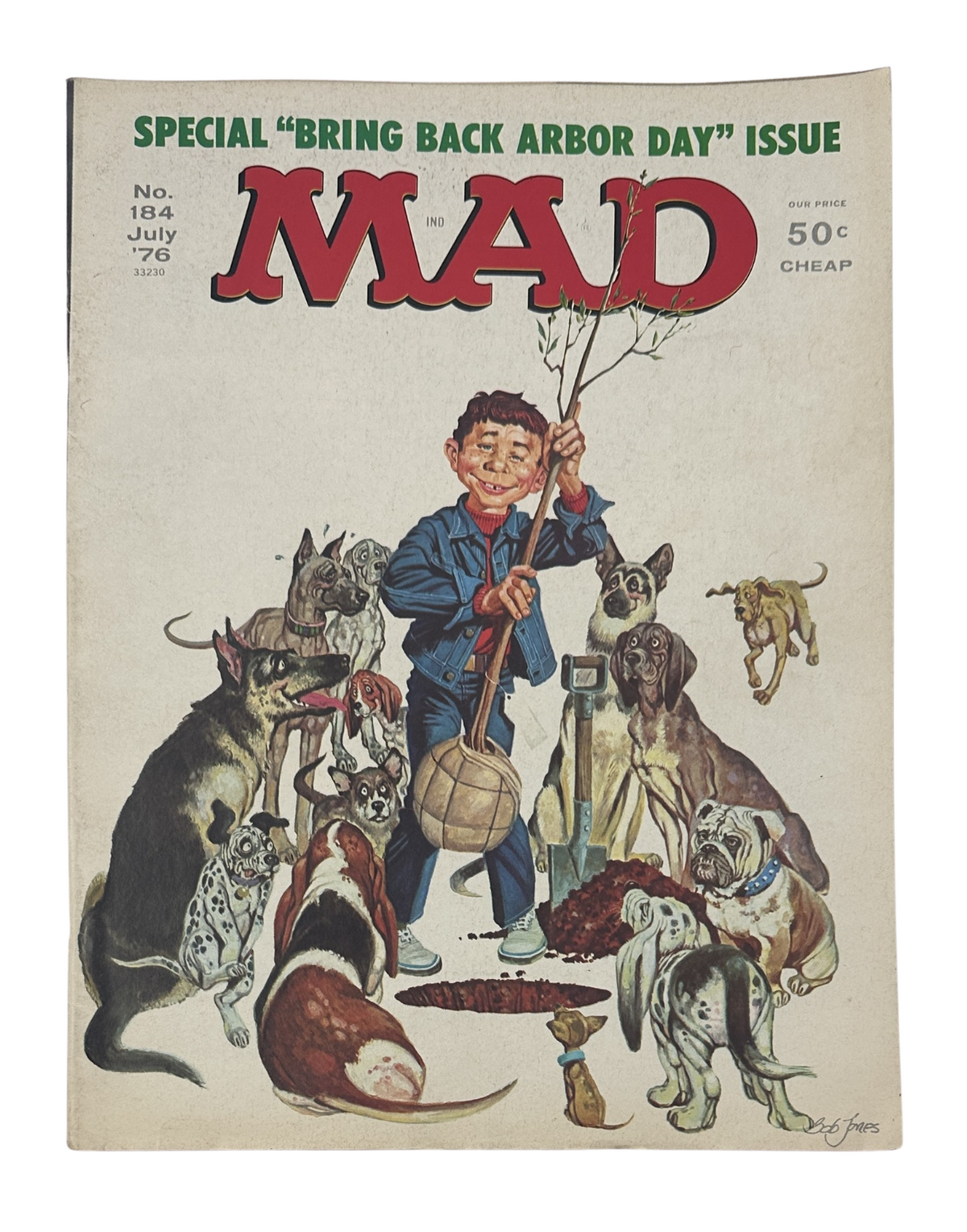 Cover of MAD Magazine No. 184 from July 1976 featuring a whimsical illustration related to Arbor Day, showing a boy surrounded by various playful dogs. This issue, titled 'One Cuckoo Flew Over the Rest' is known for its movie satire and is graded Fine (FN 6.0).