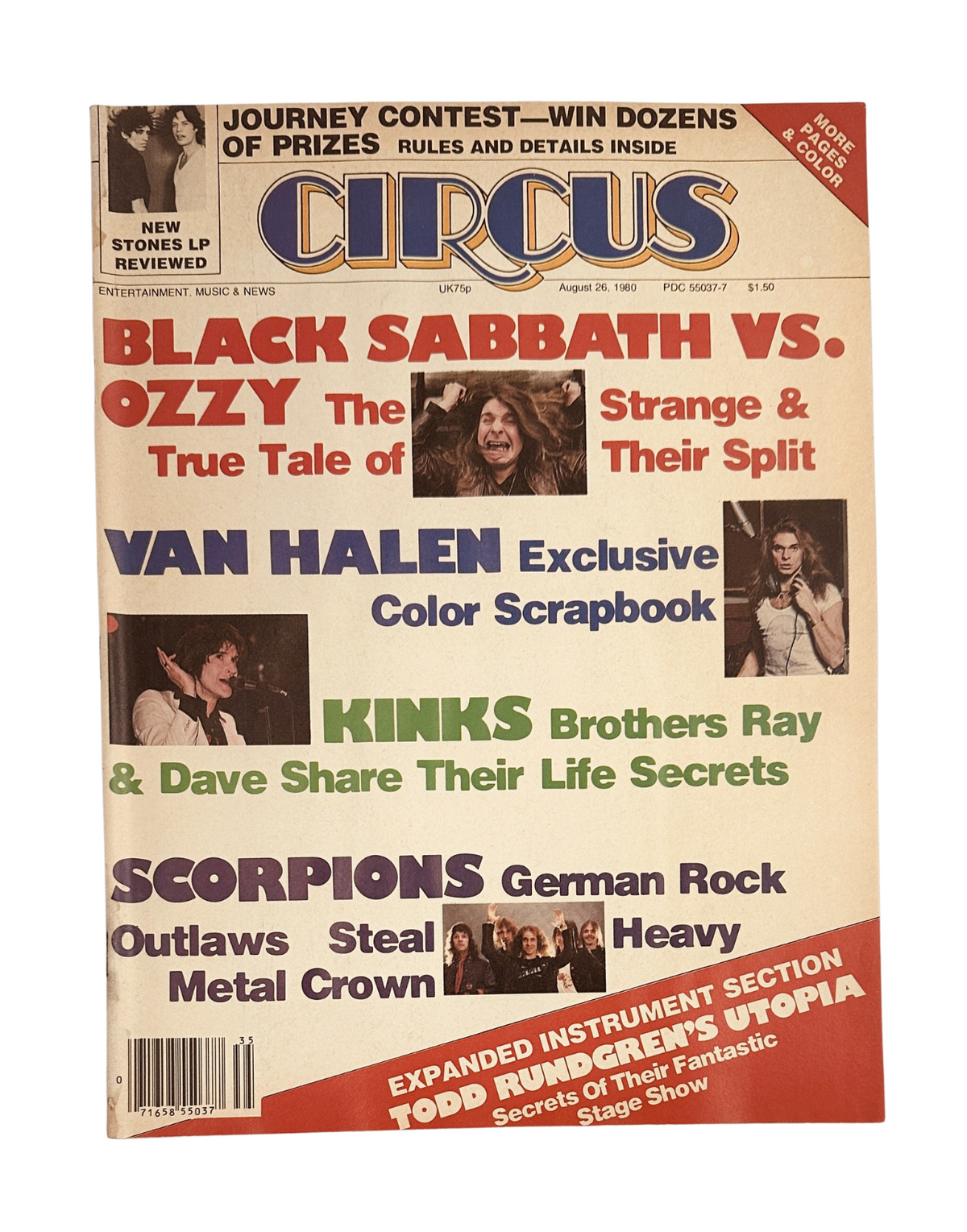 Circus Magazine cover dated August 26, 1980 featuring Black Sabbath, Ozzy Osbourne, and Van Halen, alongside articles about The Kinks and Scorpions, highlighting music culture of the era.