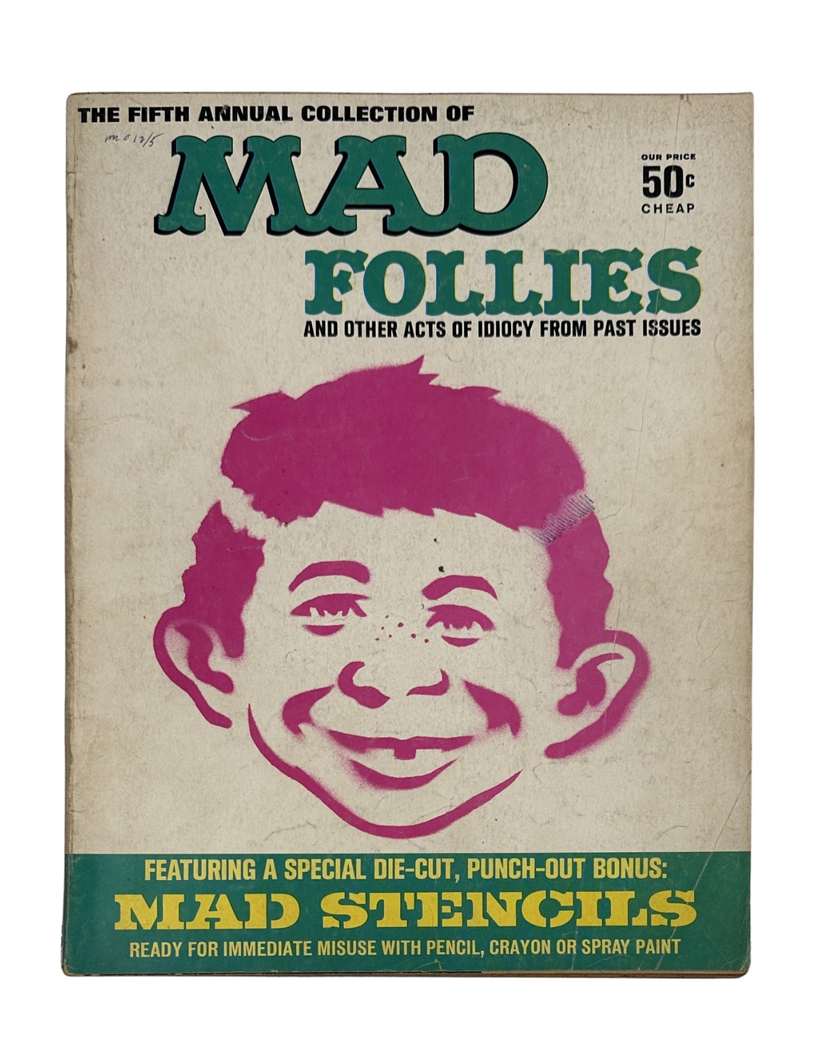 Cover of MAD Magazine MAD 1967 Follies 5 Fifth Annual Collection featuring a colorful illustration of a smiling boy and the text highlighting mad stencils.