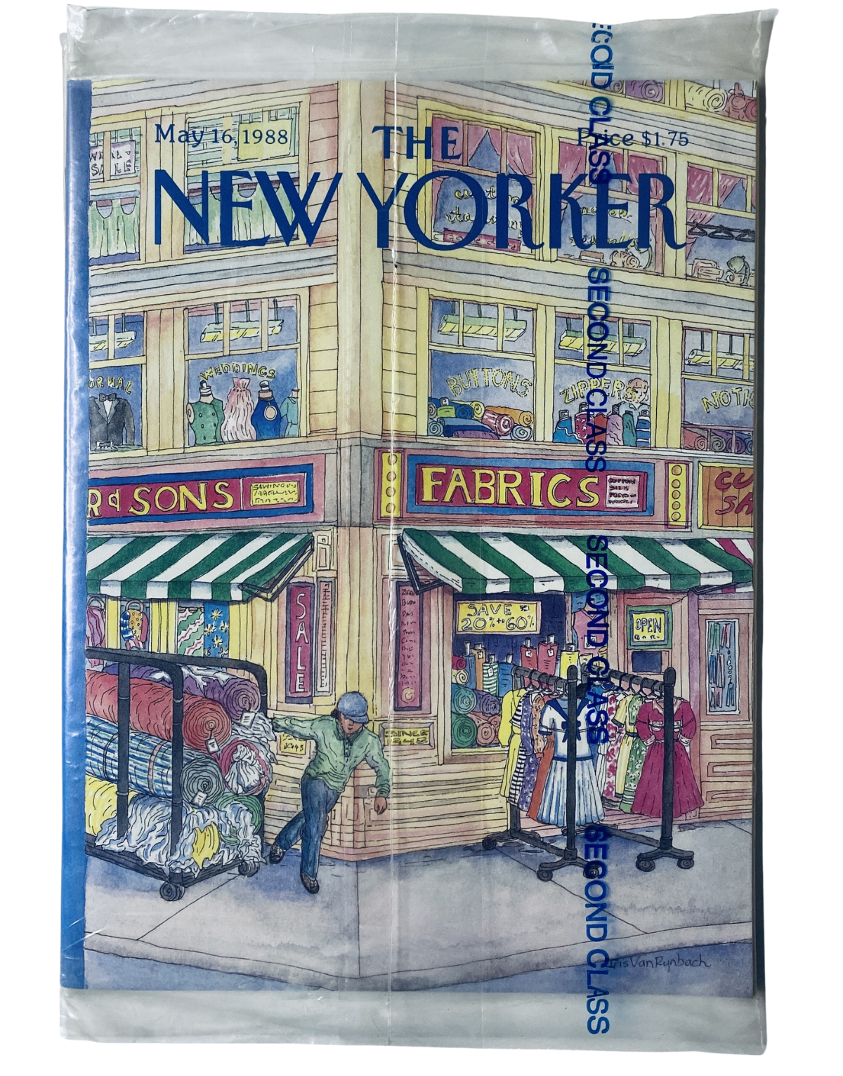 SEALED The New Yorker Magazine May 16, 1988 showcasing a vibrant Fabric Shop cover illustrated by Van Rynbach, conveying a nostalgic shopping scene, perfect for collectors.