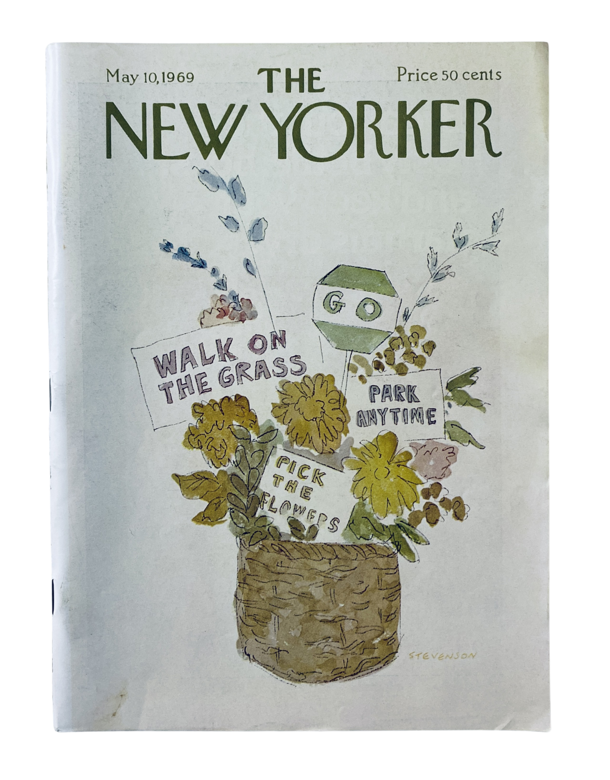 Cover of The New Yorker Magazine dated May 10, 1969, featuring a flower basket illustration with signs reading 'Walk on the Grass', 'Go', and 'Park Anytime', created by James Stevenson.