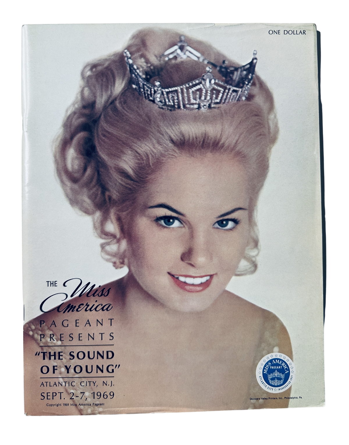 Cover of the Miss America Pageant Magazine titled 'The Sound of Young', featuring a smiling young woman with a crown, published for the event held in Atlantic City, NJ from September 2-7, 1969.