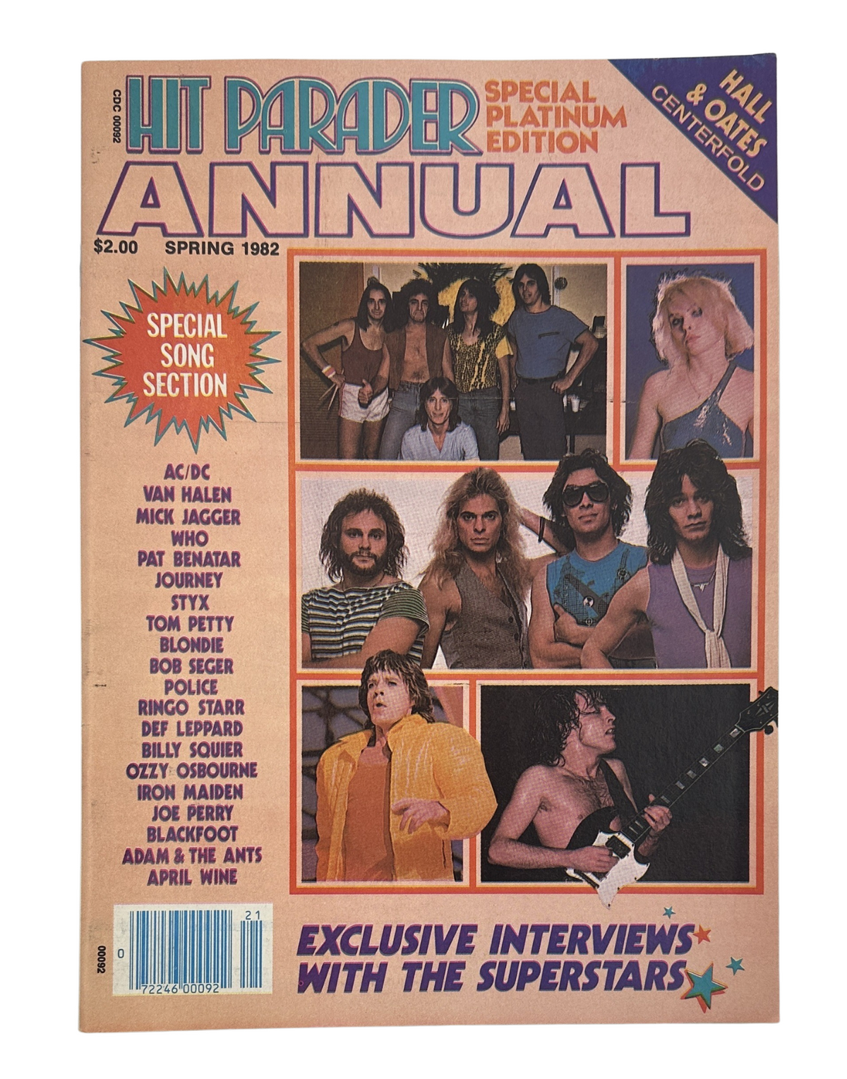 Cover of Hit Parader Annual Magazine Spring 1982 featuring musicians like Van Halen, Mick Jagger, and Pat Benatar, with a special song section and centerfold, in very good condition.