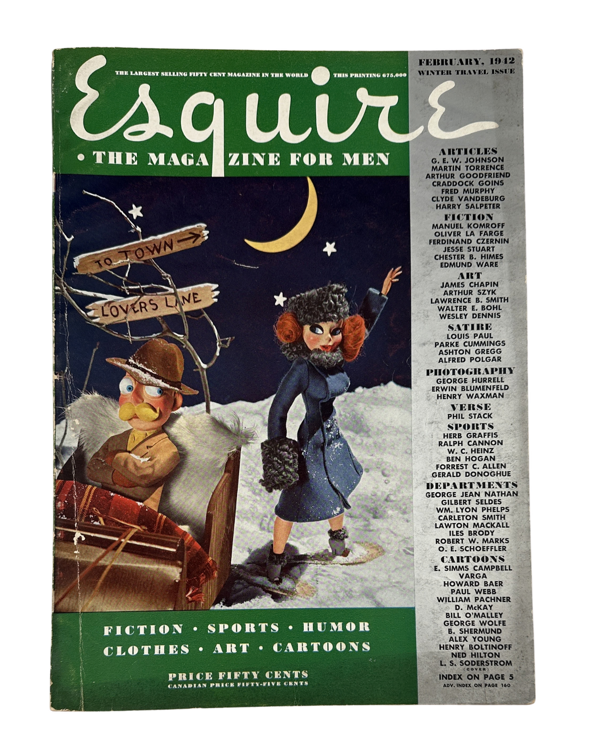 Cover of Esquire Magazine February 1942 featuring a whimsical illustration of a woman in winter attire with a pinup design, alongside playful elements like a sleigh, representing themes of fiction, sports, and humor.