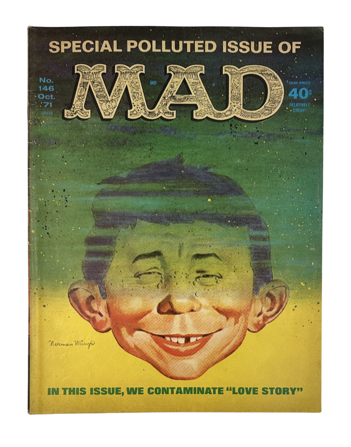 MAD Magazine No. 146, October 1971 cover featuring a colorful illustration of a smiling character, labeled 'SPECIAL POLLUTED ISSUE OF MAD'. Highlights the issue's parody of 'Love Story', showcasing the magazine's distinctive humor and style.