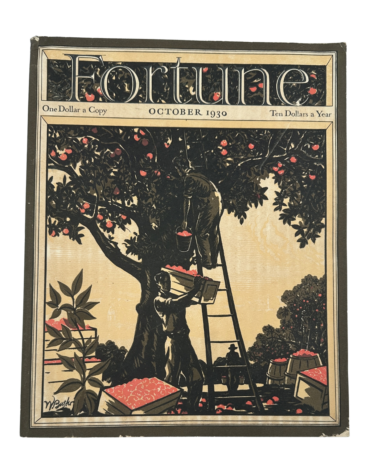 Fortune Magazine, October 1930 cover depicting apple harvesting with workers climbing a ladder and picking apples, showcasing vintage artwork and historical themes.