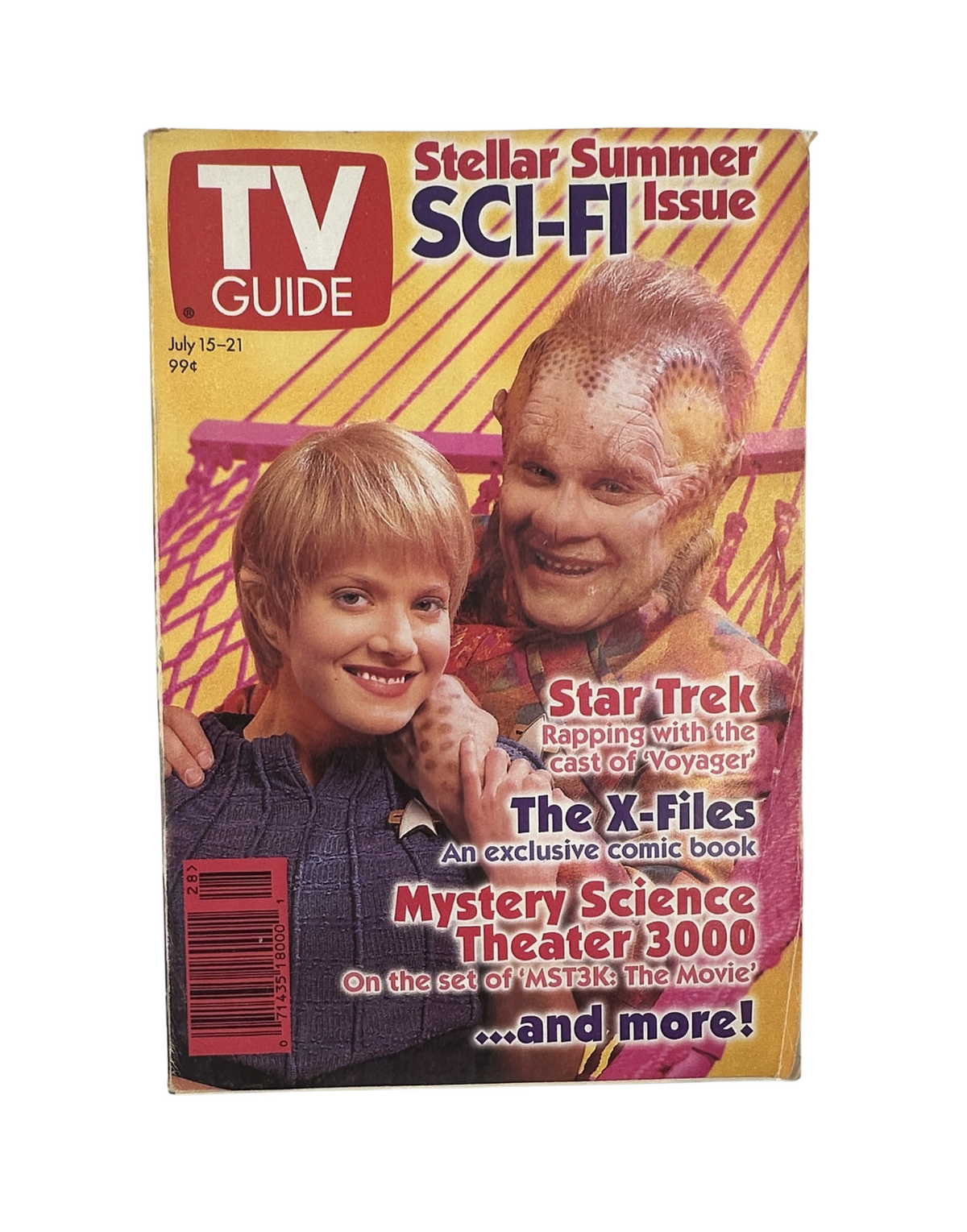 TV Guide Magazine July 15, 1995 cover featuring Star Trek Voyager and The X-Files, showcasing a Stellar Summer Sci-Fi Issue with characters posed together. Original Magazines offering this vintage magazine in very good condition.