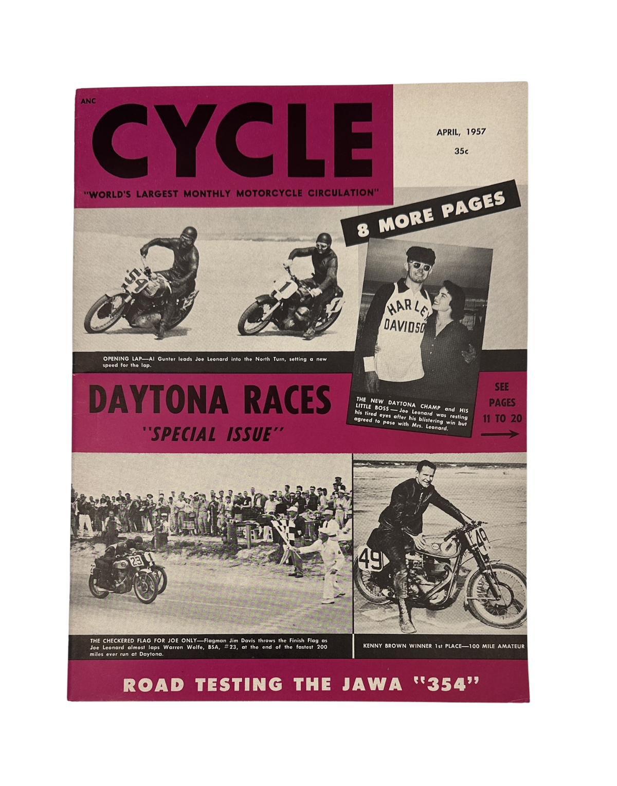 Cycle Magazine April 1957 featuring Daytona Races, showcasing a cover with motorcycle action and a road test of the Jawa 354. Special issue with details about racing highlights and features.