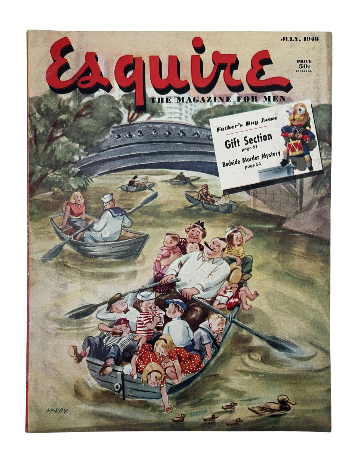 Esquire Magazine July 1948 cover featuring a colorful illustration of a Father's Day theme with people enjoying a boat ride. This vintage magazine includes the title, 'Gift Section,' and advertisement details.
