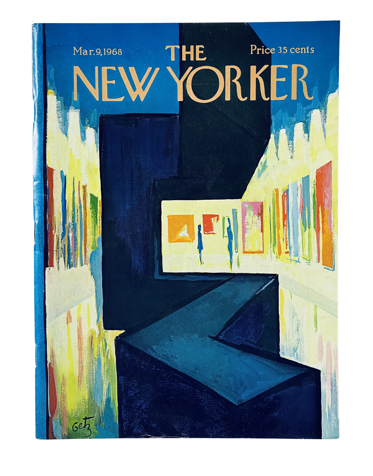 Cover of The New Yorker Magazine from March 9, 1968, featuring artwork by A. Getz, showcasing a colorful abstract design with a cityscape.