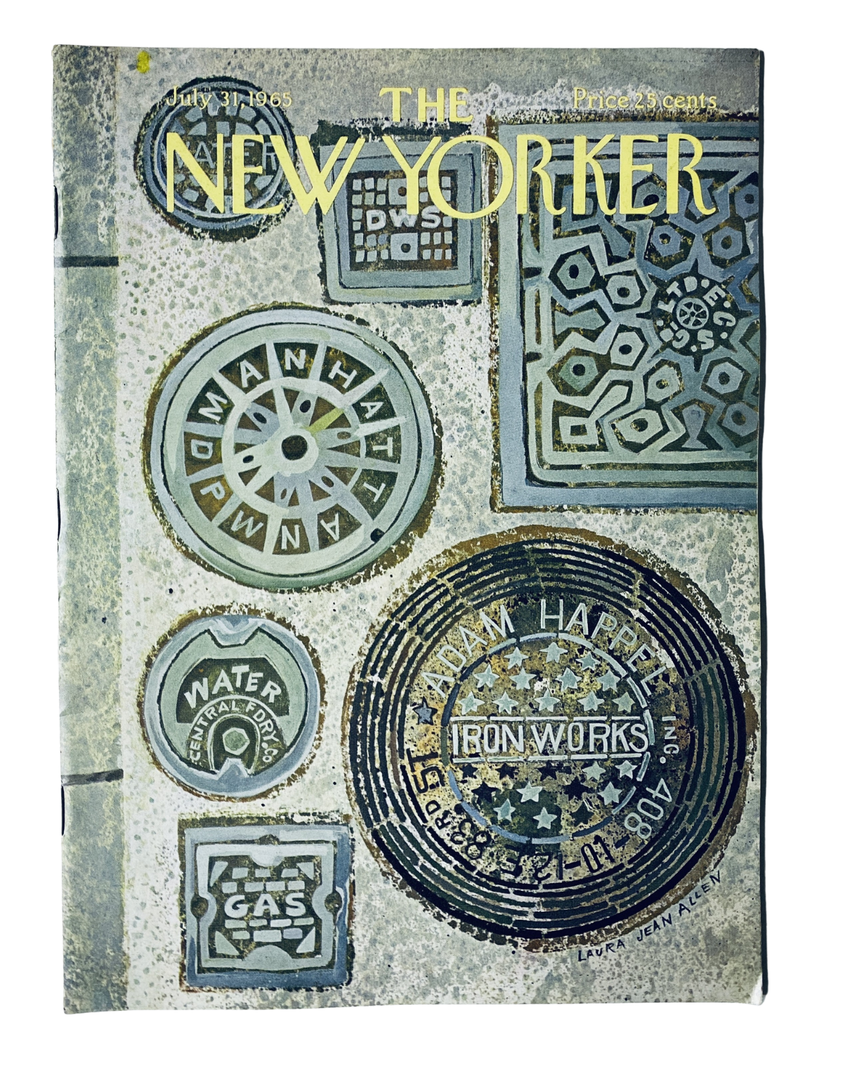 Cover of The New Yorker Magazine from July 3, 1965 featuring unique manhole cover art by Laura Jean Allen, showcasing intricate designs and typography.