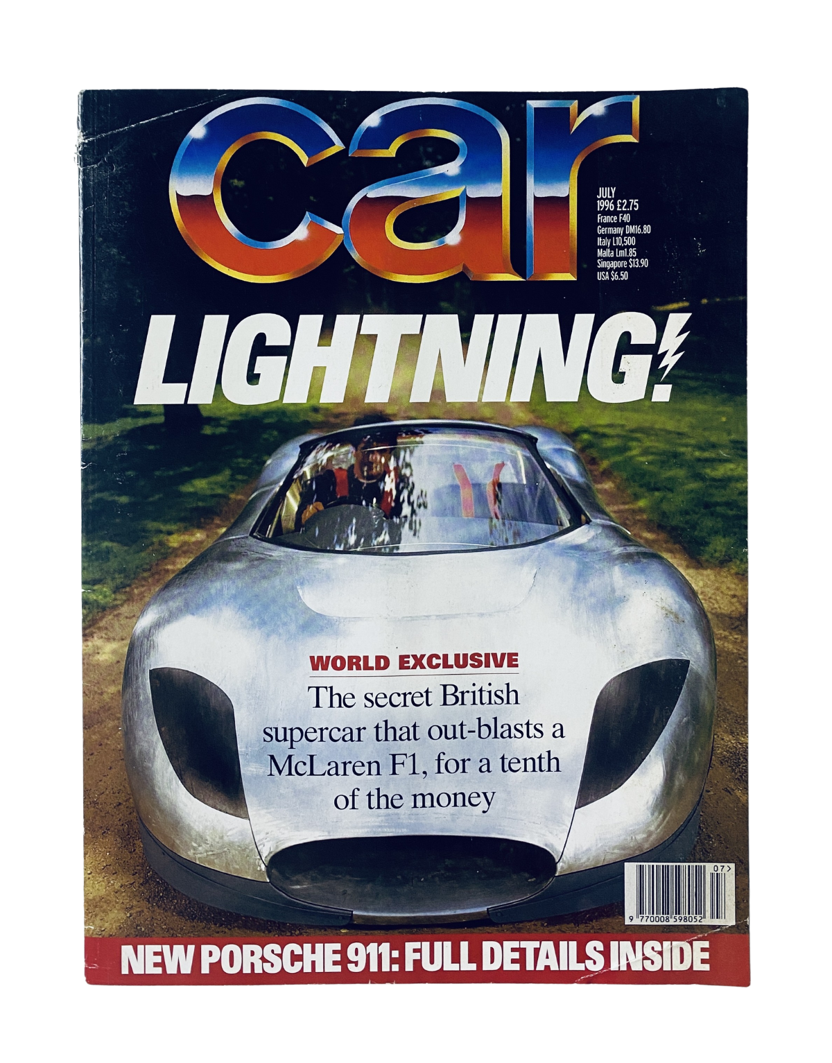 Car Magazine July 1996 cover featuring the British Supercar 'Lightning', showcasing a sleek, futuristic design and the headline 'WORLD EXCLUSIVE: The secret British supercar that out-blasts a McLaren F1, for a tenth of the money'.