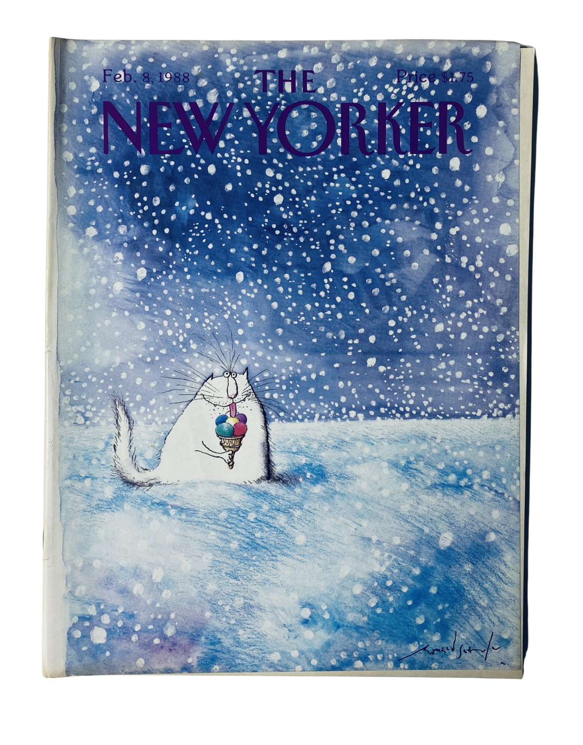 The New Yorker Magazine February 8, 1988 cover featuring a whimsical snowy cat holding an ice cream cone, illustrated by R. Searle.