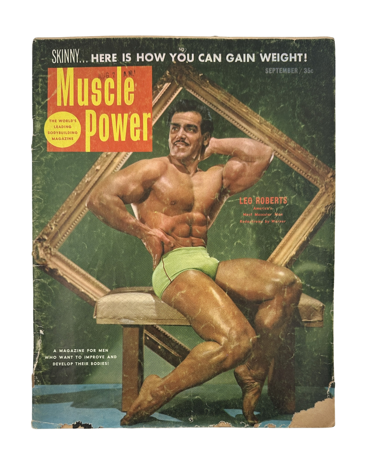 Cover of Muscle Power Magazine from September 1952 featuring Leo Roberts showcasing his physique with the headline 'SKINNY... HERE IS HOW YOU CAN GAIN WEIGHT!'. The cover emphasizes bodybuilding for men.
